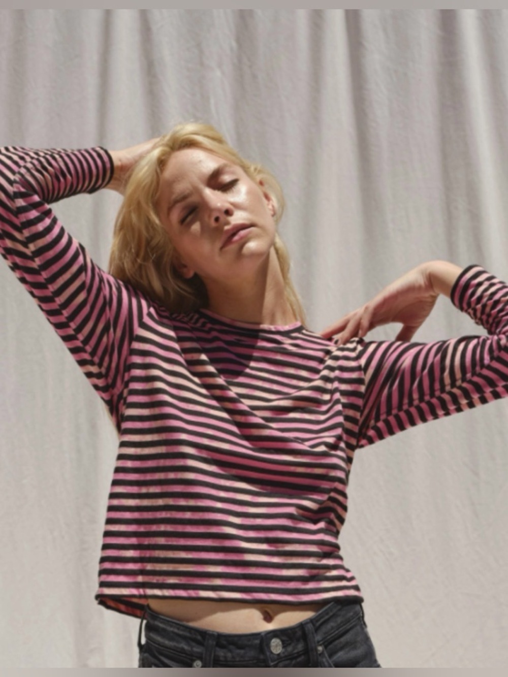 AMO Denim Long Sleeve Babe Tee in Pink Stripe Tie Dye.